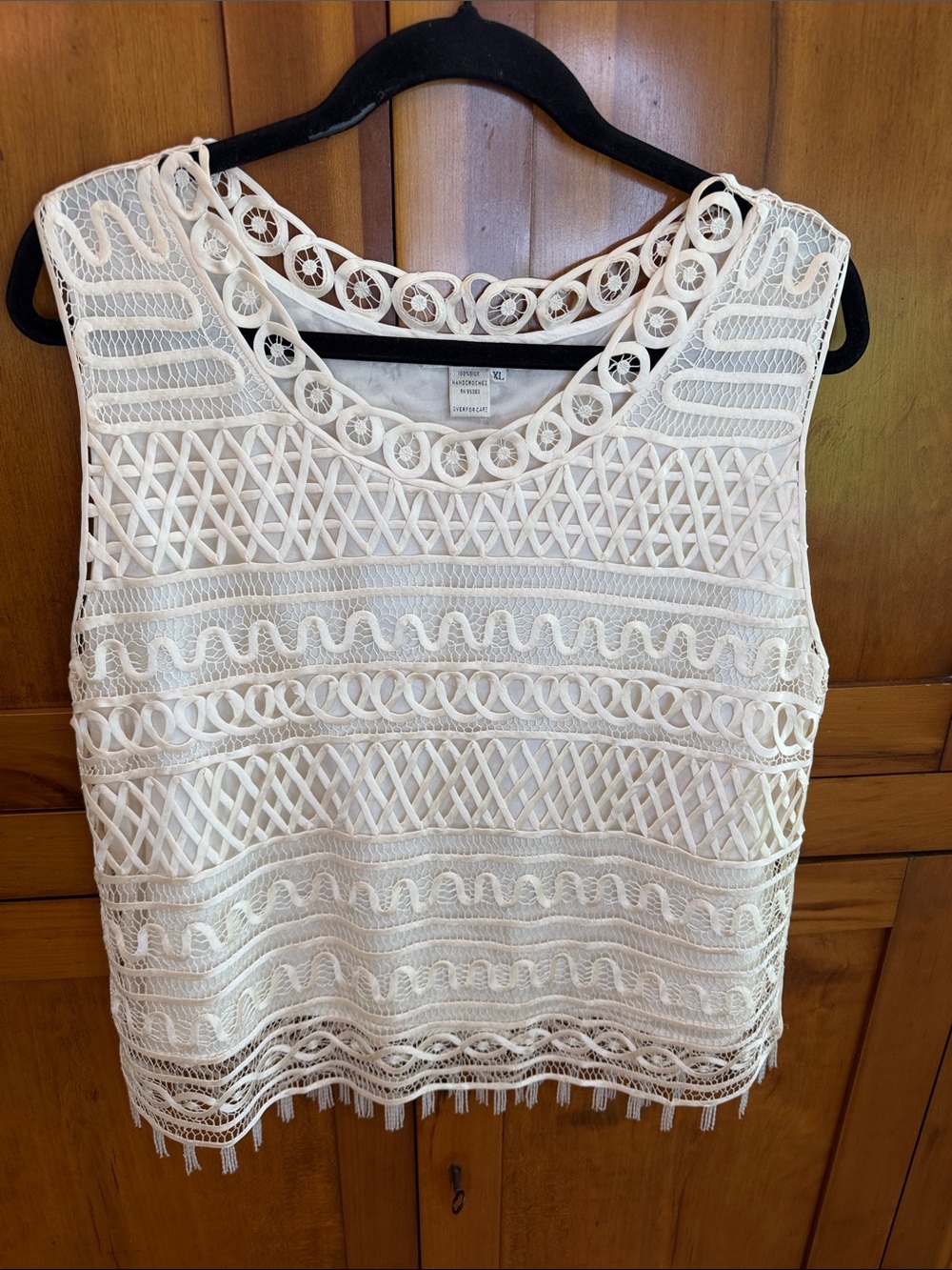 Vintage Soulmates Hand Crocheted 100% Silk Ivory Lace Top w/Beaded Fringe, XL